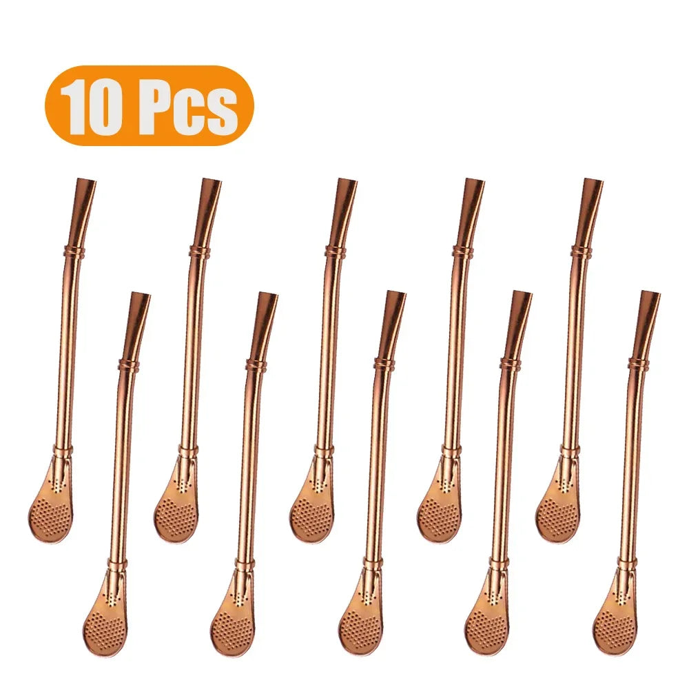 1-10Pcs 304 Stainless Steel Drinking Straw Spoon Tea Filter Reusable Bombilla Gourd Cocktail Straw Spoon Coffee Bar Accessory