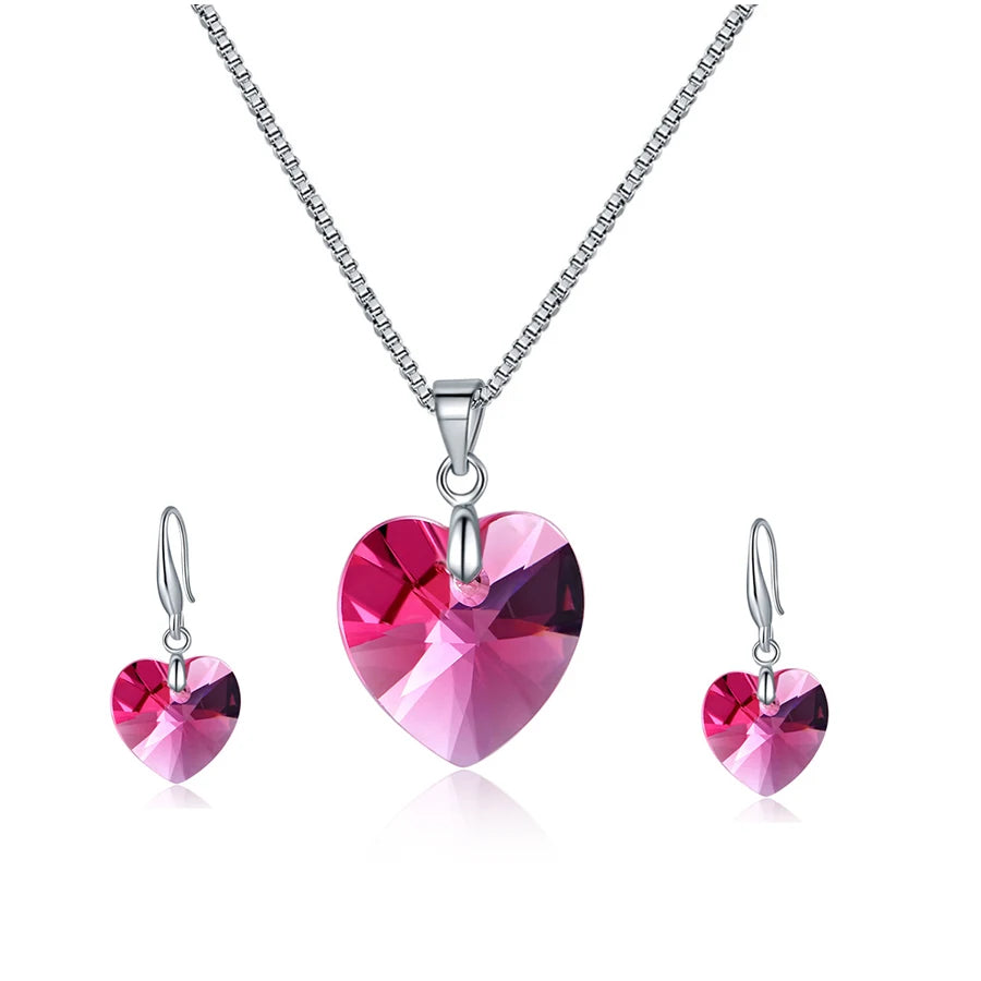 Romantic Heart Jewelry Sets Silver Color Crystals from Austria Pendant Necklace Drop Earrings for Women Wedding Anniversary