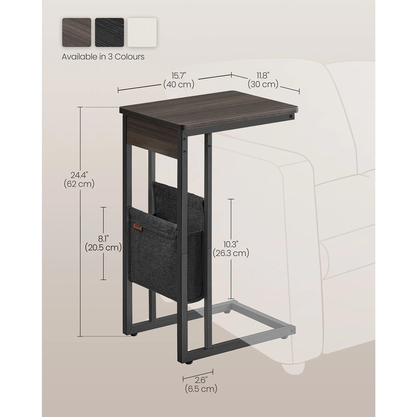 VASAGLE C-Shaped Side Table, Bedside Table, End Table for Small Spaces, with Fabric Storage Bag, Includes Adjustable Feet