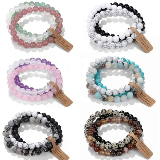3PCS Natural Stone Bracelet Pink Quartz Citrine Amethyst Turquoise Round Gravel Shape Piece Bead Bracelet Set For Men And Women