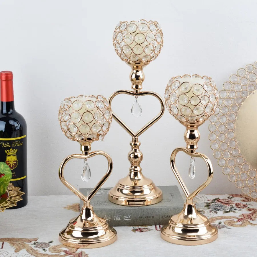 Hemasa Golden Crystal Candle Holder Dwarf Tealight Candle Holders/Iron Heart Candlestick/ Small Vintage Candlestick Set for Table