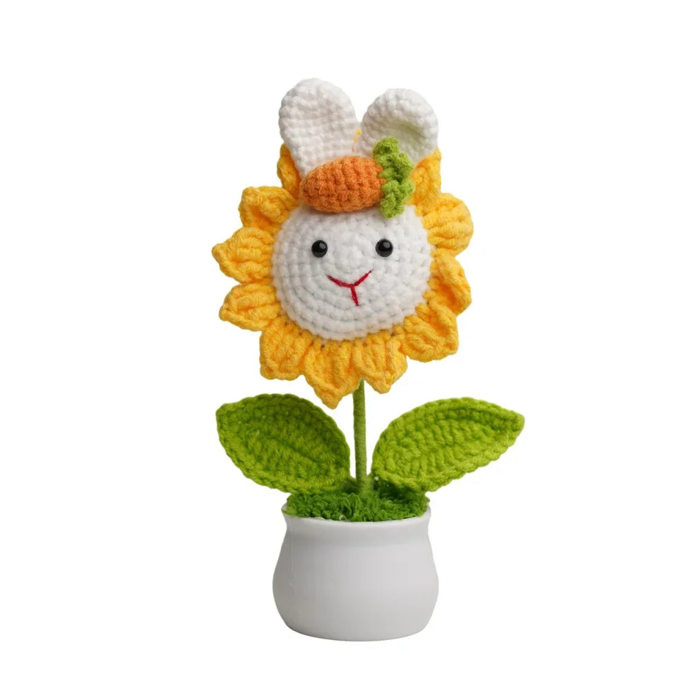 Hemasa Crochet Sunflowers Pot Creative Knitted Flowers Artificial Flower Hand Woven Finished Plant Car Desktop Decor Gift