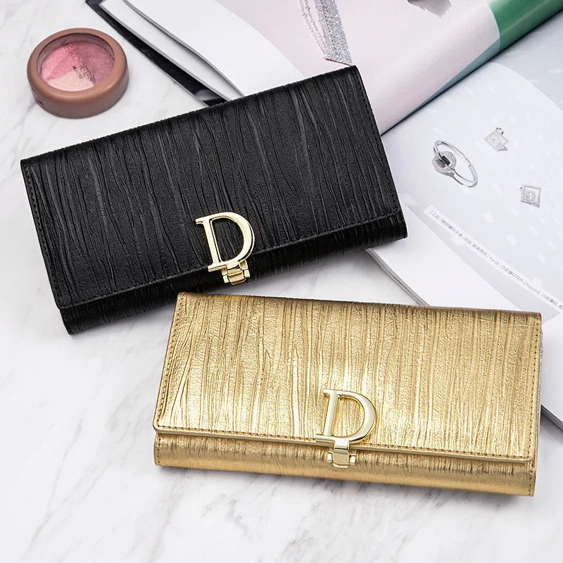 Tejesa Ladies Long Leather Wallet, Leather Phone Purse, Card Holder with Stripe Design, Women's Cartera Style (Gold)