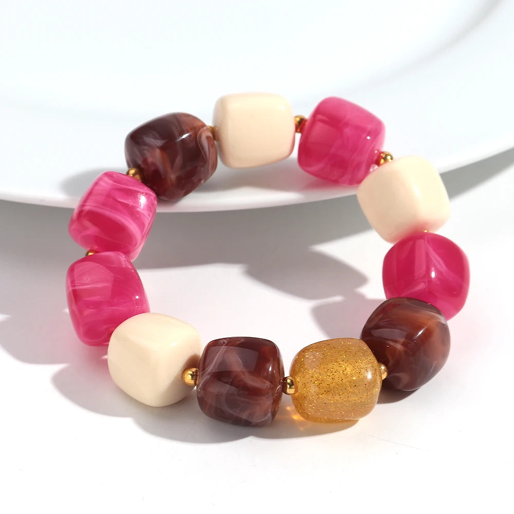New Multicolor Acrylic Geometric Bead Bracelet for Women Trendy Resin Irregular Square Elastic Bracelets Handmade Jewelry Gift