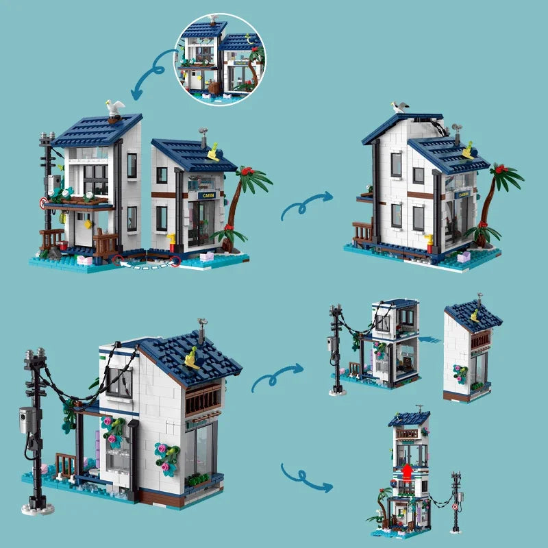 City Street View 3 in 1 Beach House Building Blocks MOC Creative Desktop Decoration Toy Set Block Brick Children Birthday Gift