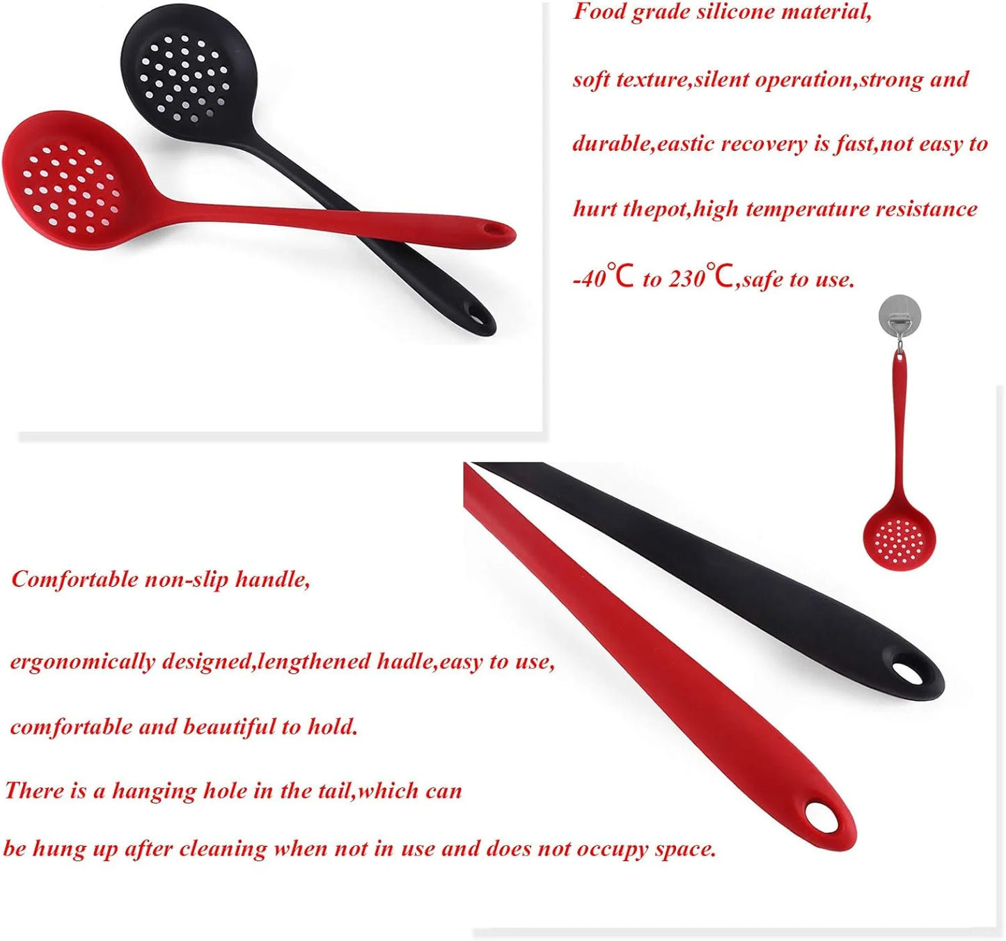 Hemasa 2PCs Silicone Skimmer Spoon Non-Stick Cooking Slotted Colander Spoon Skimmer Strainer Kitchen Sink Ladle Strainer Silicone Filter