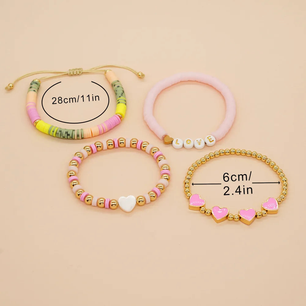 Heamsa 4pcs Colorful Polymer Clay Beads Heart  Charm Bracelet Set