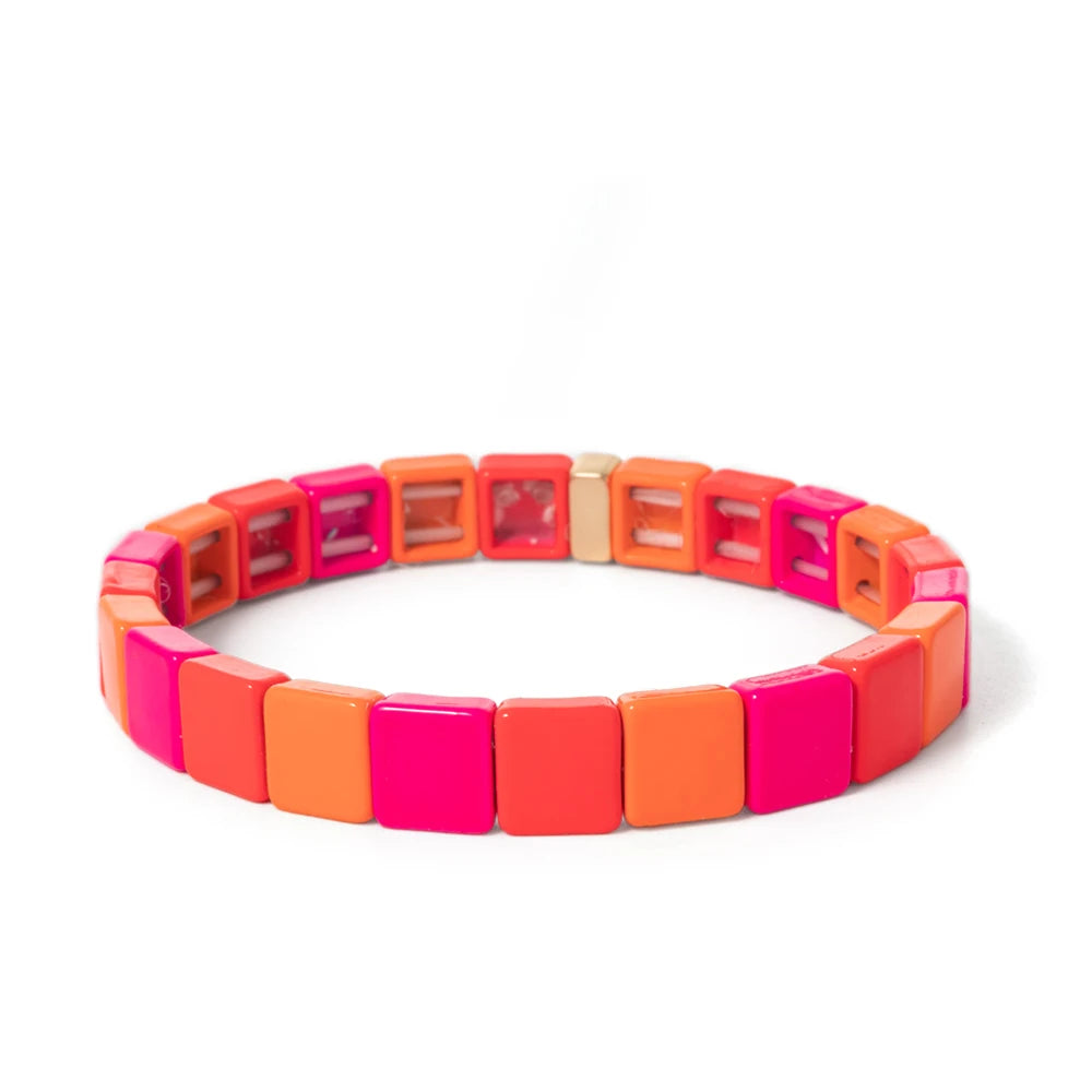Tejesa Yellow Red Color  Enamel Tile Beads Bracelets For Women /Hand Jewelry Charms Beach Elastic Bangle For Party Luxury