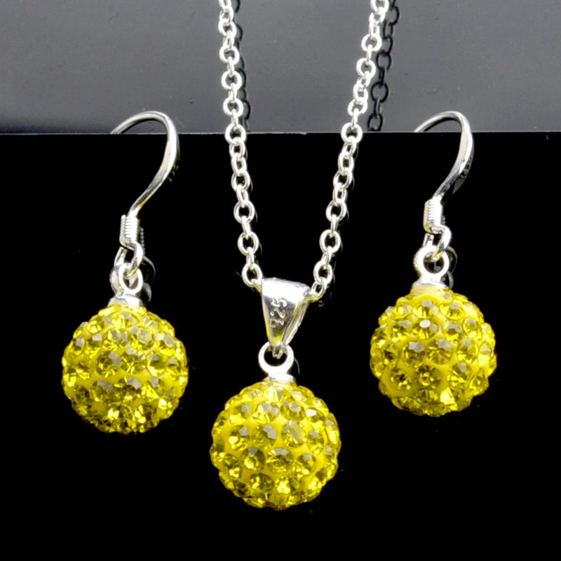 Brand Female Jewelry Set Women's Fashion Ab White Crystal 10mm Ball Drop Earrings Necklace Pendant Set Silver Color Wholesale