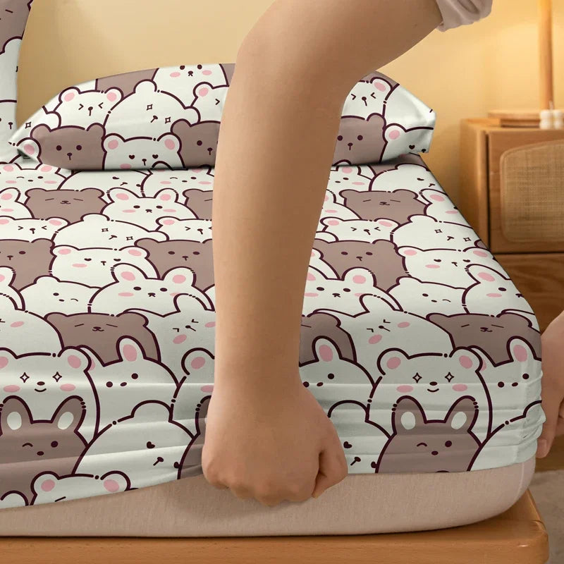1 Cartoon Cute Teddy M-bear Printed Matte Fitted Sheet, Bedroom Printed Bed Cover, Bedding (Excluding Pillowcases)