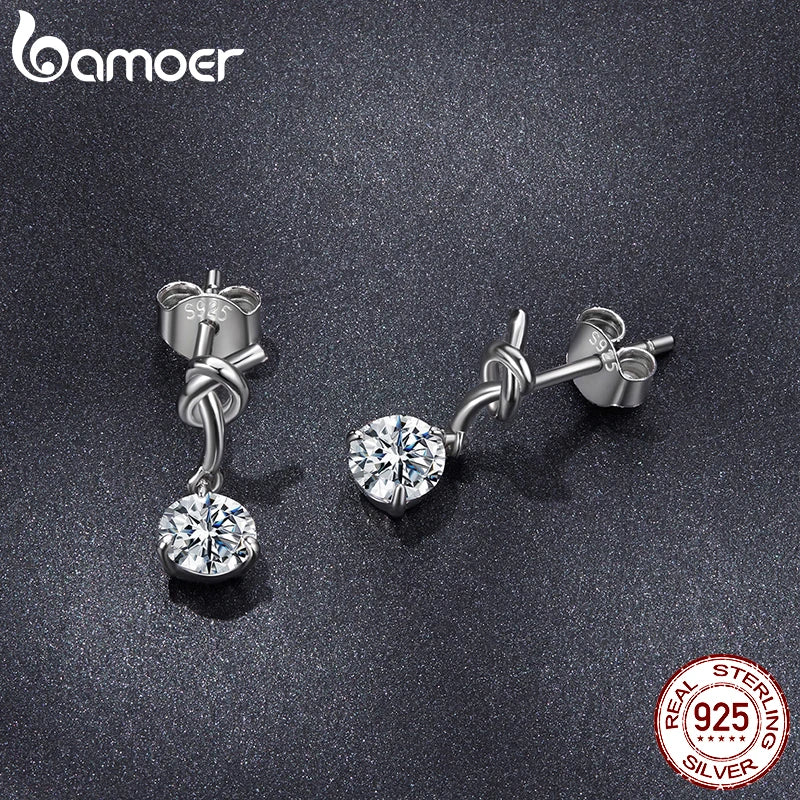 BAMOER Knot Moissanite Stud Earrings, 0.5CT Drop Dangle Earrings Round Cut Lab Created Diamond for Women Engagement Gift S925
