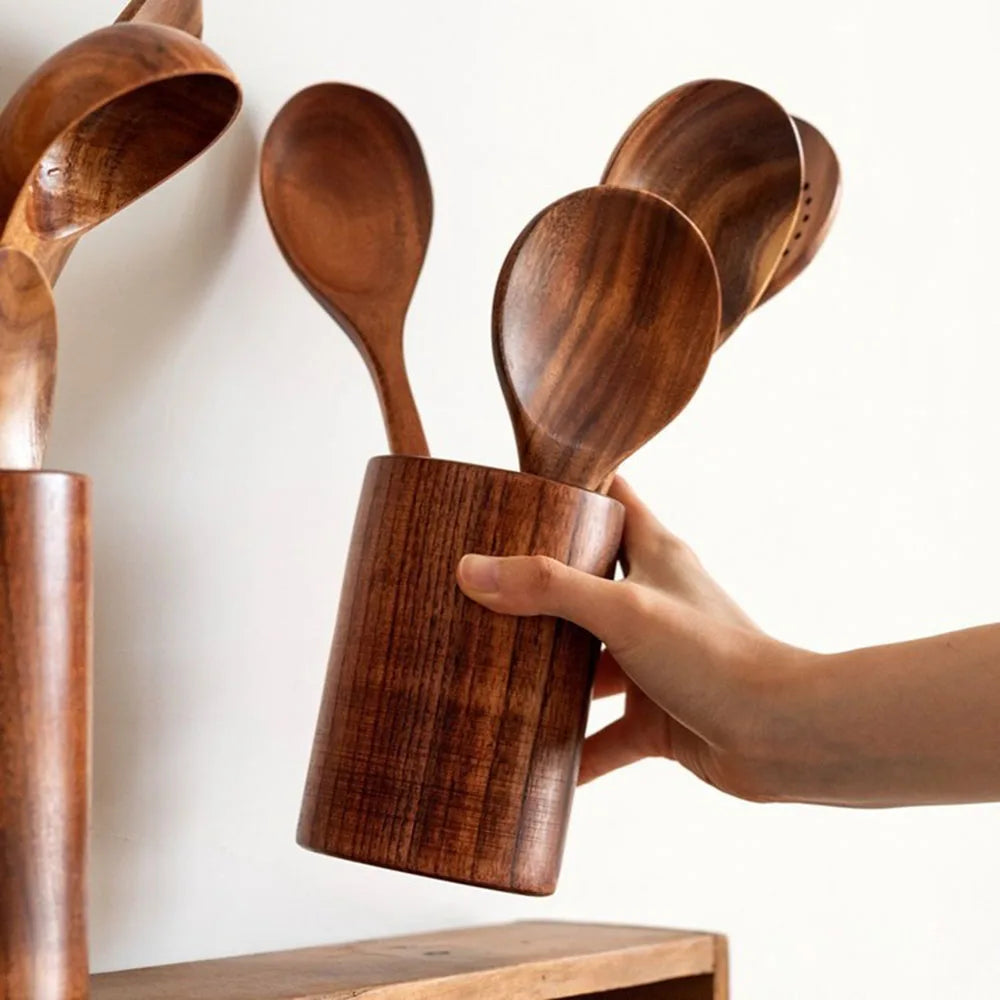 Hemasa Thailand Teak Natural Wood Tableware Spoon Ladle Turner Long Rice Colander Soup Skimmer Cooking Spoons Scoop Kitchen Tool Set