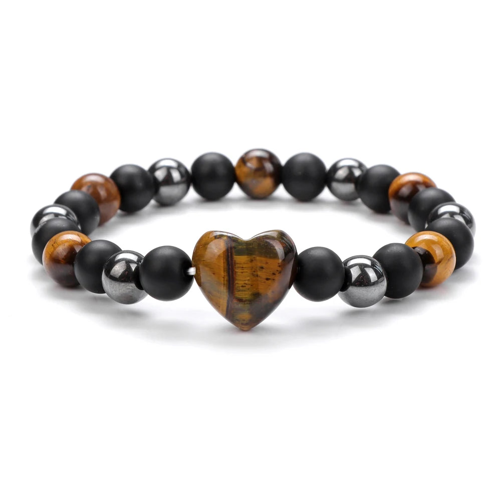 8mm Natural Stone Bracelet Love Heart Shape Tiger Eye Agates Quartz Beads Charm Bracelet for Women Men Fashion Jewelry Gift