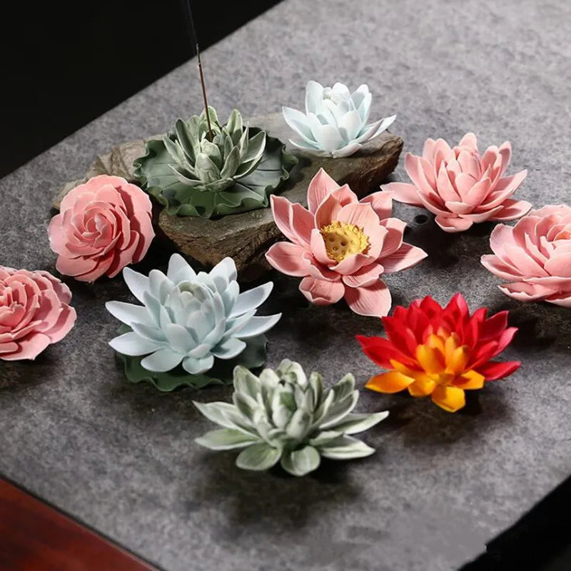 Ceramic Lotus Flower Shape Incense Burner Stick Cone Burner Holder Incense Base Plug Home Decoration Incense Burner Stick Holder