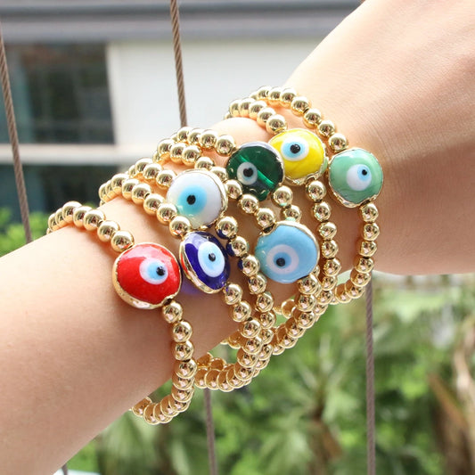 5PCS, Gold Bead Bracelet 6mm Ball Bead Bracelets, Eye Lampwork Glass Bracelet Gold Plated Ball Chain Stacking Bracelets