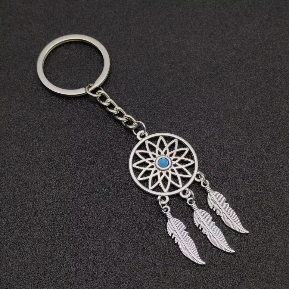 Dream Chaser Keychain Tassel Feather Pendant Keyring Beads Royal Blue Black Beads Charm Retro Car Key Chain Dream Chaser Gift