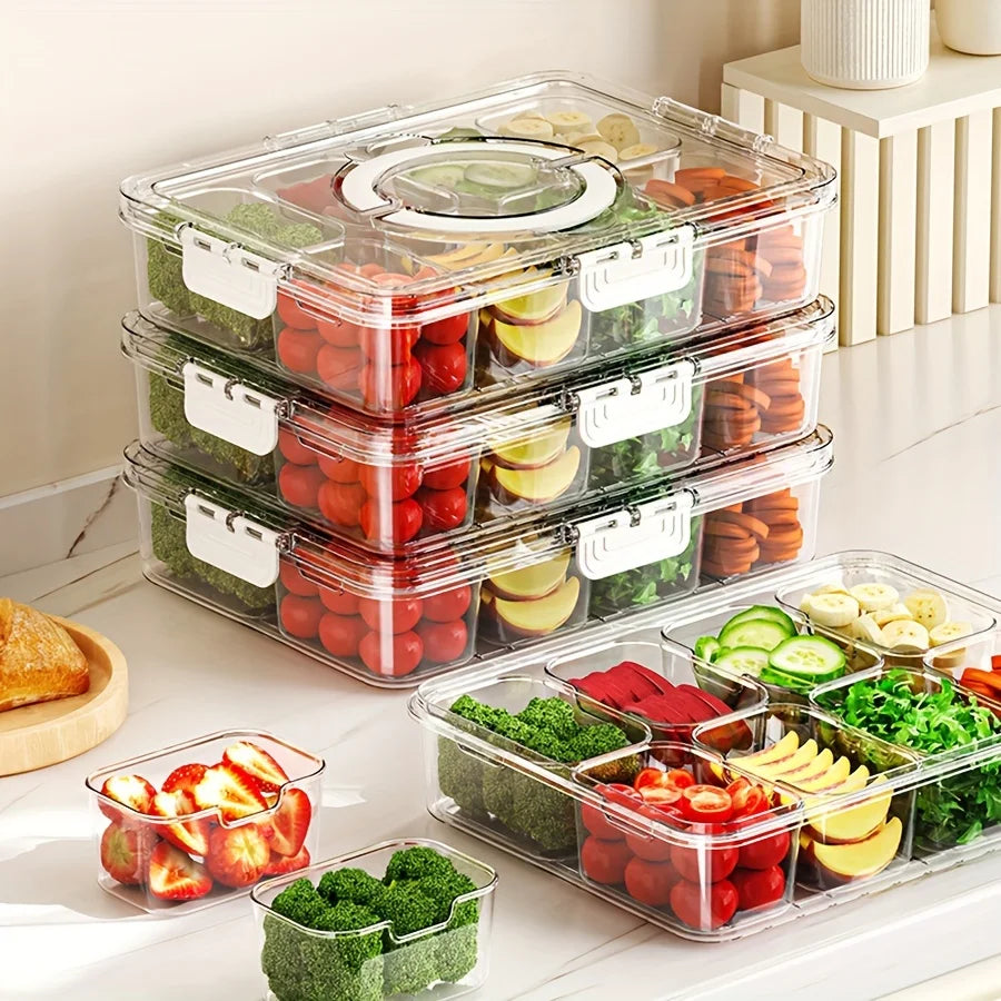 Tejesa Divided Plate with Lid, Food Storage Box, Snack Box, 4/8 Grid Snack Box, Fruit Storage Box for Refrigerator, Vegetable, Fruit