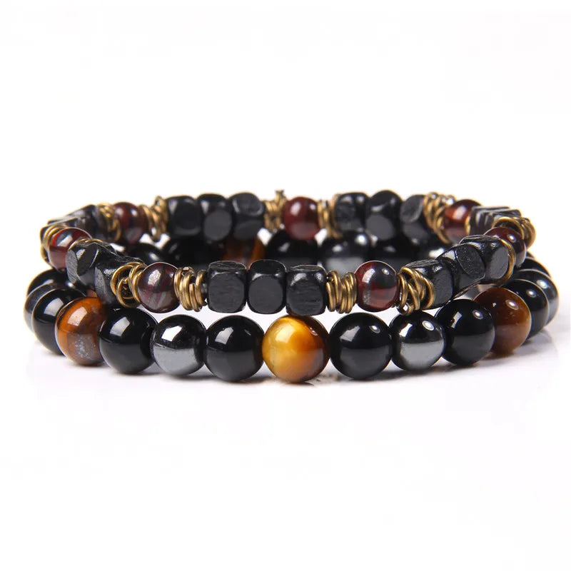 2pcs/set Beaded Bracelet Natural Stone Tiger Eye Hematite Beads Bracelet Men Energy Elastic Rope Bracelet Jewelry Couples Gifts
