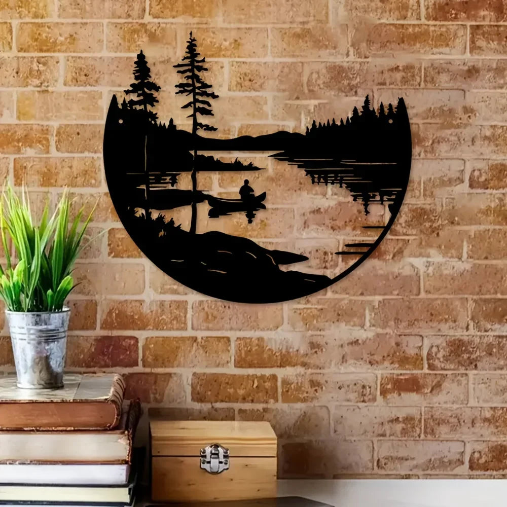 Hemasa 1 pc of bohemian style metal wall art scenic lake and mountain silhouette round outdoor sculpture home and patio wall decoration