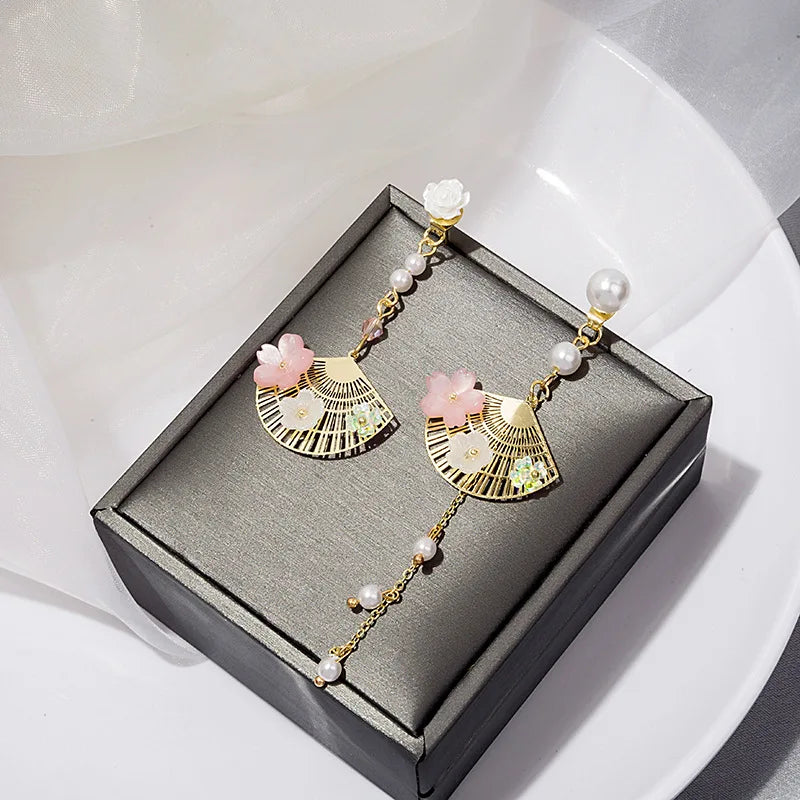 Summer Cute Green Flower Stud Earrings for Women Korean Fashion Temperament Long Tassel Asymmetrical Earring Party Jewelry Gift