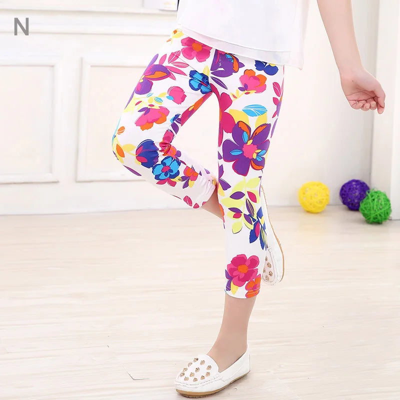 Hemasa 3-10years Girls Cropped Trousers Floral Print Flower Kids Calf Length Skinny Pants Stretch Leggings Children All-matches Bottoms