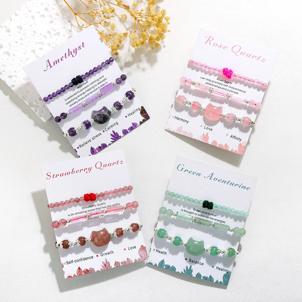 3pcs/set Natural Stone Tiger Eye Turquoises Bracelet Rose Quartzs Crystal Beads Charm Bracelets Cat Head Jewelry for Women Gift
