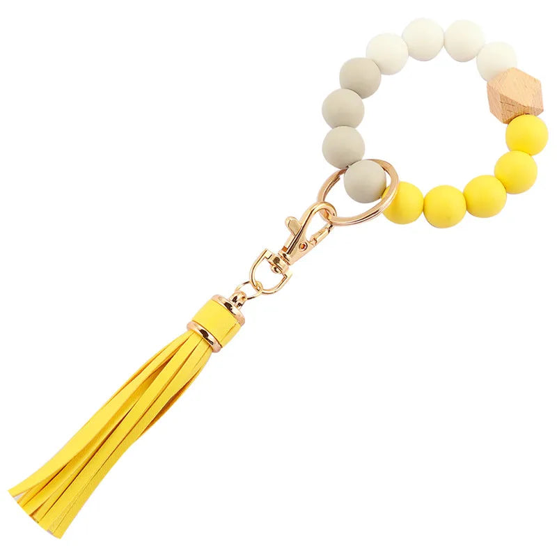 Hemasa  Silicone Wood Beads Keychain Keyring For Women Wristlet Bracelet Pendant Keychain With Jewelry Accessories