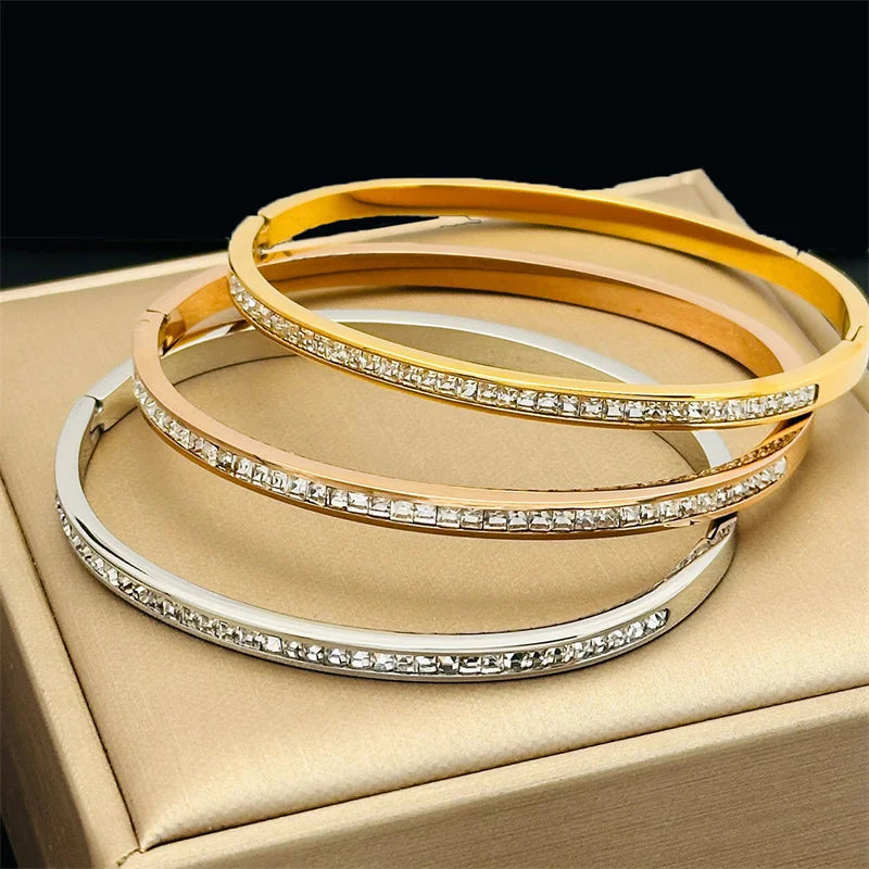 Hemasa 3Pcs Stainless Steel Rhinestone Bangle for Women /Girls