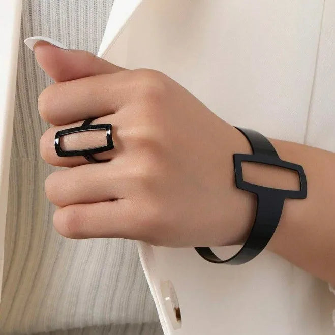 Vintage Bohemian Style Irregular Geometric Hollow Square Retro Exaggerated Bangle and Ring For Women Girls Party Jewelry