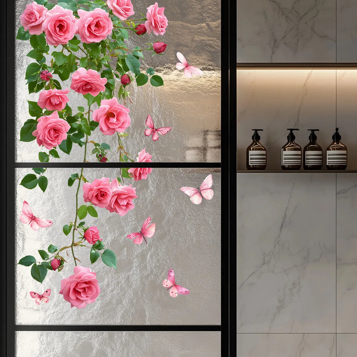 Tejesa Flower Vine Window Decal Pink Rose and Butterfly Design Bathroom Living Room Bedroom Wall Sticker Glass Door Wall Decorat