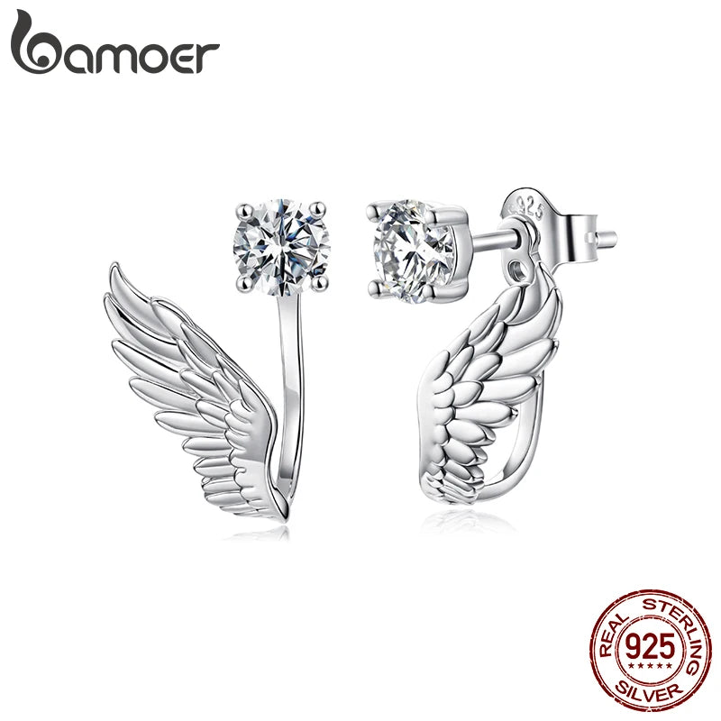 BAMOER 0.5CT Angel Wing Moissanite Stud Earrings, Symmetrical Cartilage Climber Earrings Round Cut Lab Created Diamond for Women