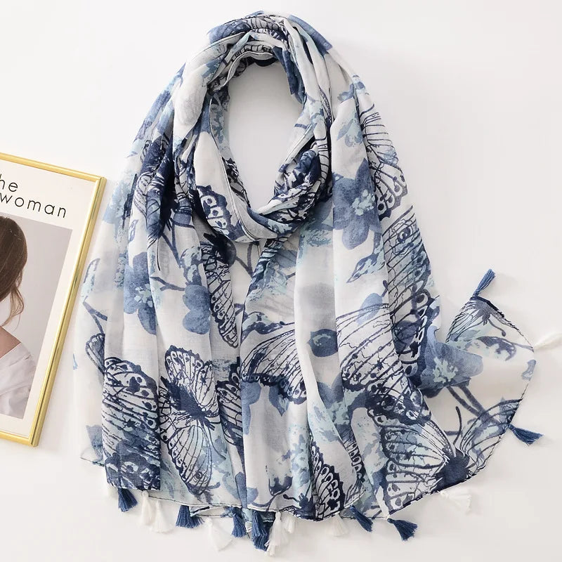 Elegant Woman Shawl Fashion Design Tassel Cotton Scarf Muslim Hijab Scarfs Floral Print Ladies Scarves For Beach Party Bandana
