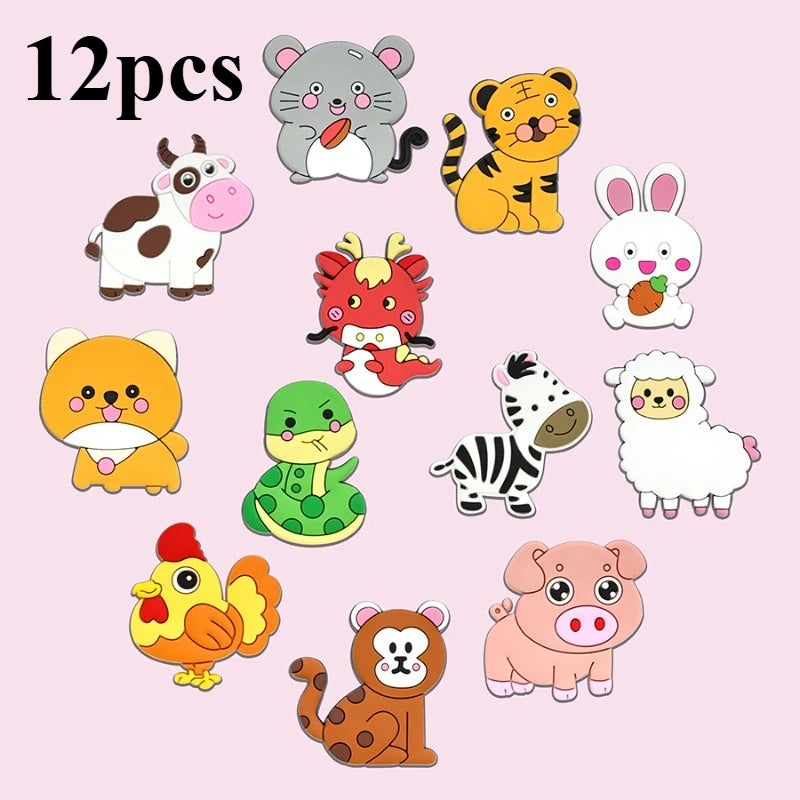 Tejesa 12pcs Cute Animal Fridge Magnets Set with Elephant, Giraffe,Cow, Sheep,Koala,Panda,Frog and so on - Soft Colorful Plastic Decor