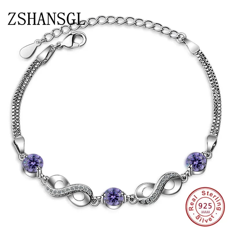 Fashion Clear Purple Zircon Charms 925 Sterling Silver Bracelet for Women Eternity Infinite Love Bracelet Jewelry Gift