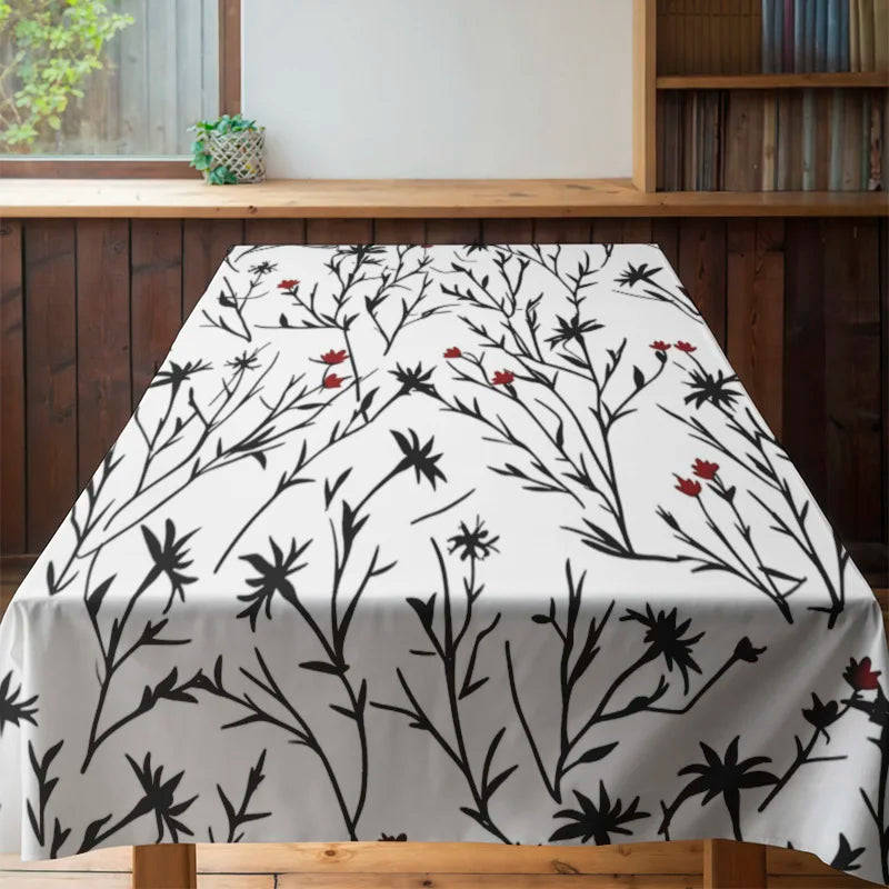 Minimalist Black/White Floral Dining Tablecloth for Home Decoration Elegant Decorative Table Linen Set with Four Napkins Various