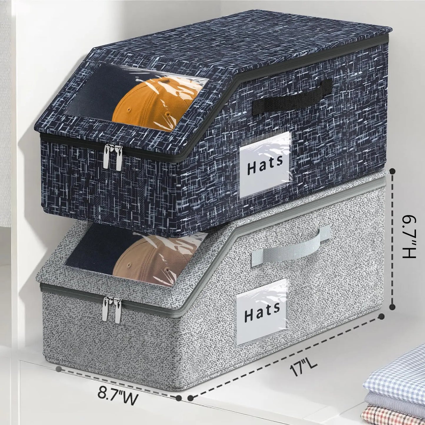 1PCS Stackable Baseball Cap Storage Box Large Capacity Hat Organizer Box with Zipper Dustproof Non-woven Wardrobe Organizers