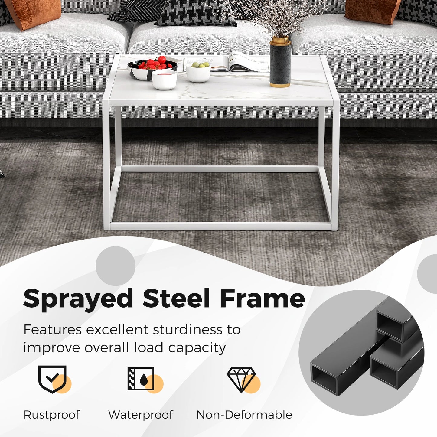 GOFLAME Modern Square Leisure Coffee Table Sofa Side End Table with Faux Marble Tabletop