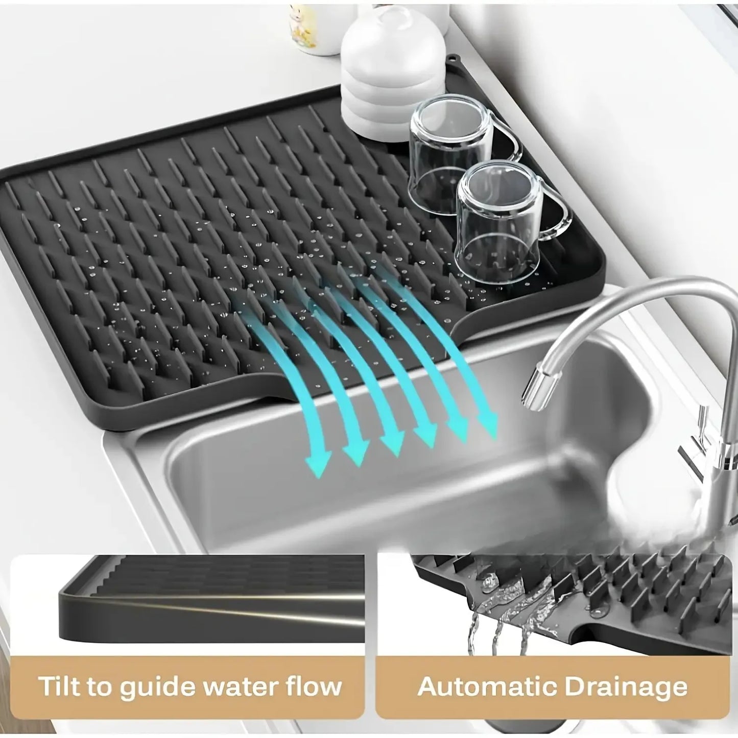 Tejesa Large Kitchen Sink & Dish Drying Rack - Non-Slip Silicone Drainage Board, Easy-Clean Surface, Raised Edges for Spill Prevention