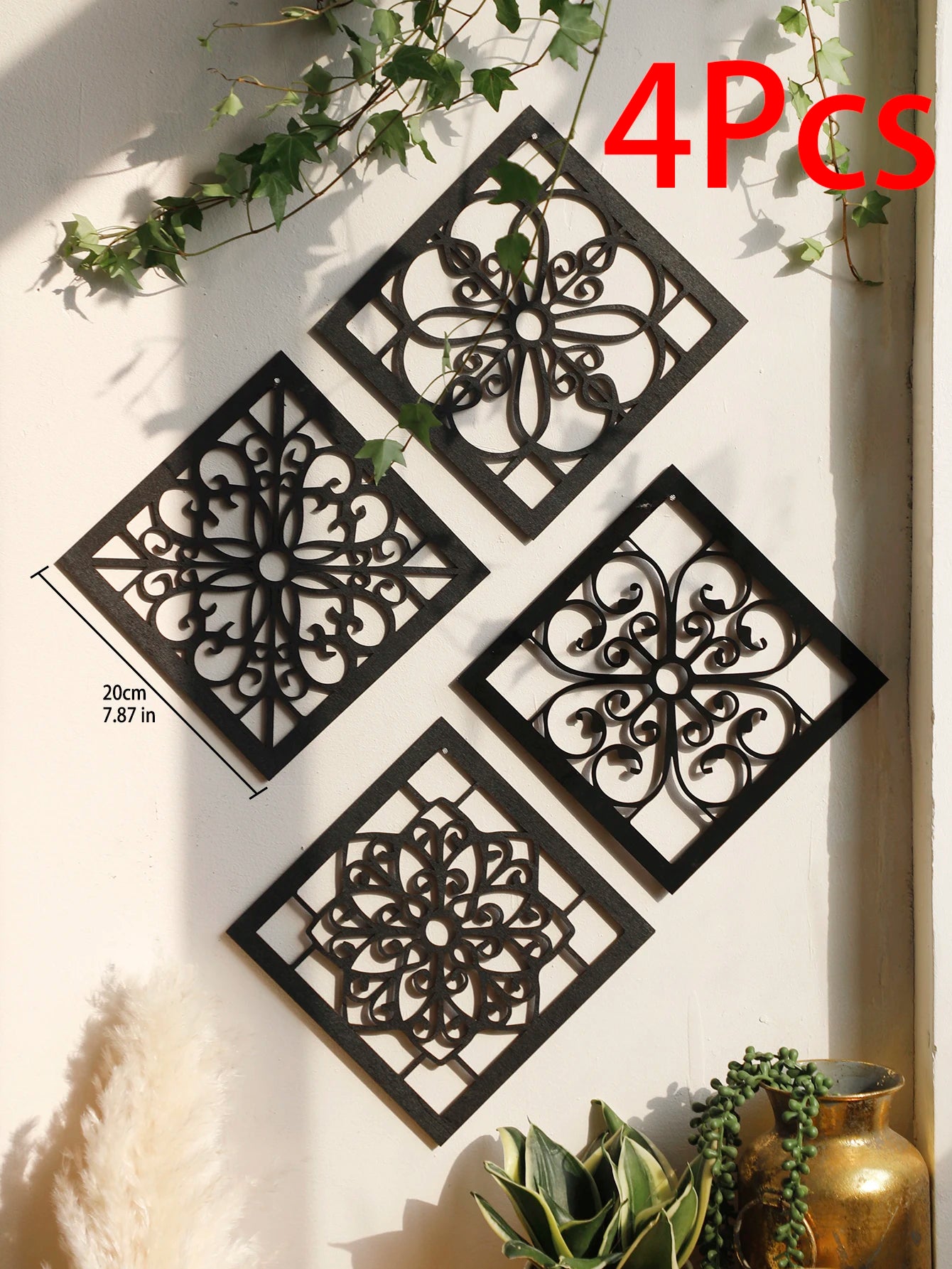 Tejesa 4Pcs Black Wooden Hollow Wall Decor /Boho Home Decoration Hexagon Square Hanging Wall Decor