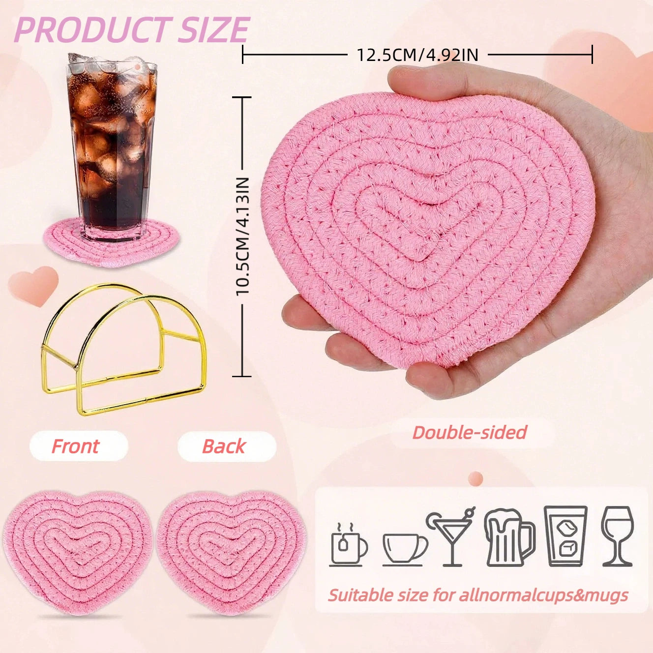 Tejesa  2Pcs Hand-woven Heart-Shaped Coaster Anti-Slip Table Mat /Handmade Cotton Linen Pot Pads