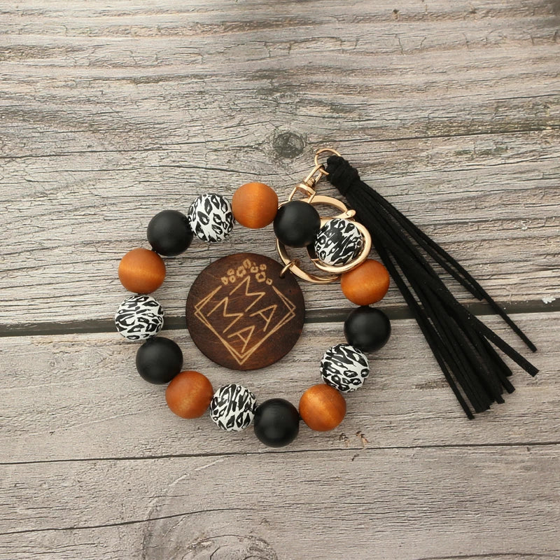 Hemasa Silicon Beads Wooden Disc Bracelet Tassel Keychain Wristlet Gift for Her Key Ring