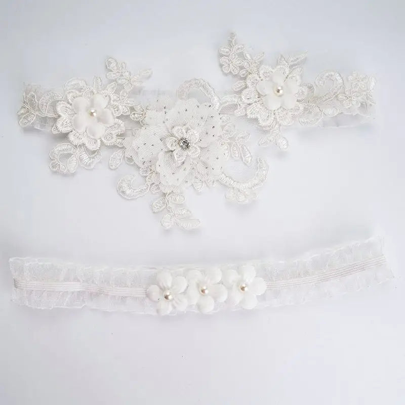 2Pcs/Set Womens Bridal Stretch Wedding Thigh Rings Embroidery Flower Faux Pearl Rhinestone Jewelry Prom Party Leg Garter