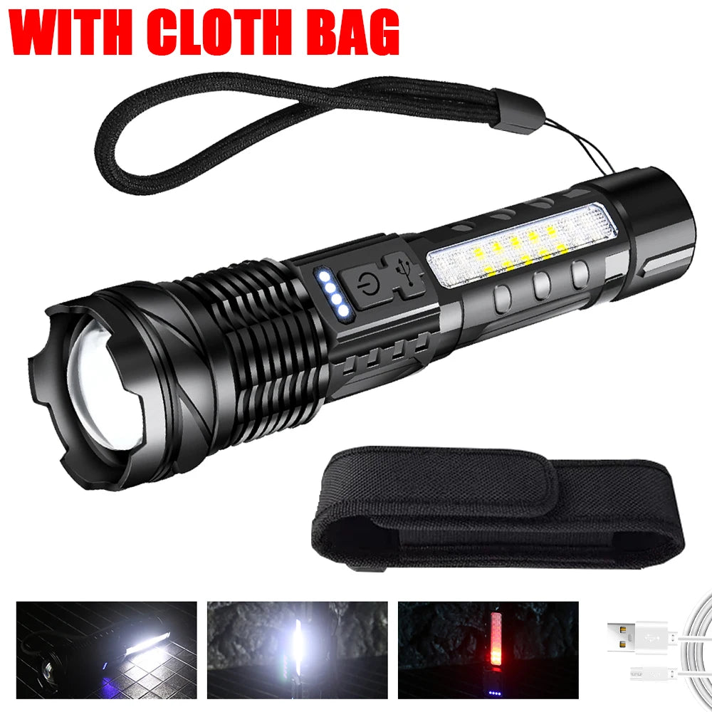 Super Bright LED COB Flashlight USB Rechargeable Torch with 7 Lighting Modes Telescopic Zoom Lantern for Outdoor Camping Hiking