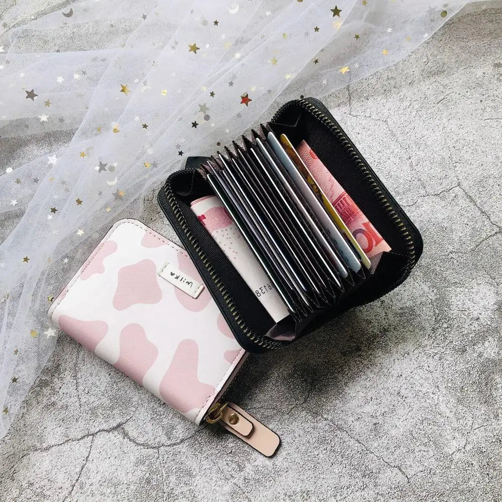 Cute Cow Pattern Coin Purse for Women Girls Card Wallet PU Leather Students Pocket Zipper Key Bag Cartoon Handbags Card Holder