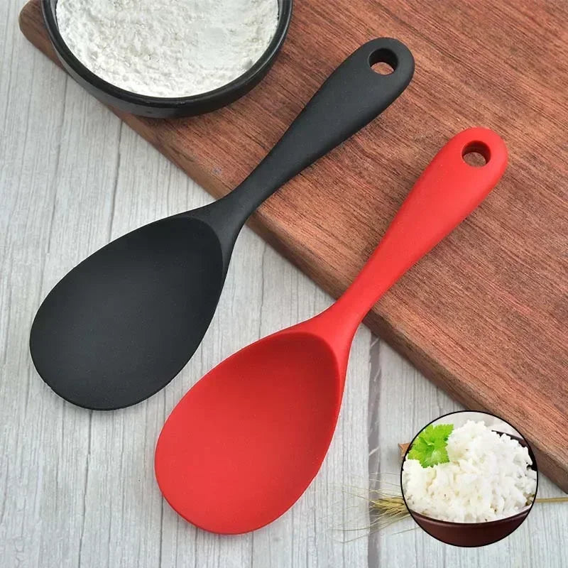 Hemasa 5Pcs (Red and Black )Hanging Silicone Rice Spoon Kitchen Ladle Non-stick Saucepan Electric Rice Cooker Cooking Scoop with Holes