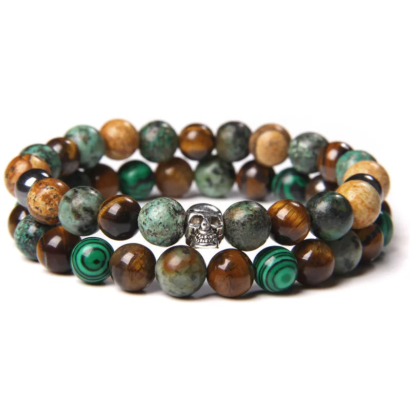2pcs/set Beaded Bracelet Natural Stone Tiger Eye Hematite Beads Bracelet Men Energy Elastic Rope Bracelet Jewelry Couples Gifts
