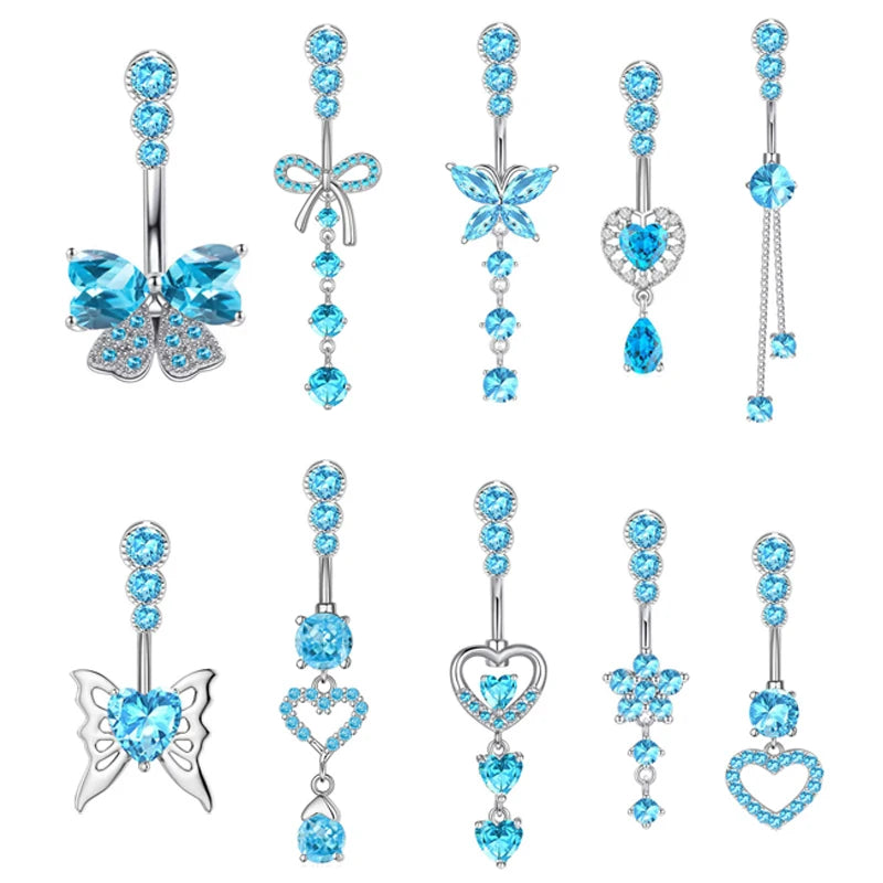 Blue Crystal Zircon Belly Button Rings Dangle Heart Butterfly Navel Piercing Stainless Steel Belly Bar Body Piercing Jewelry