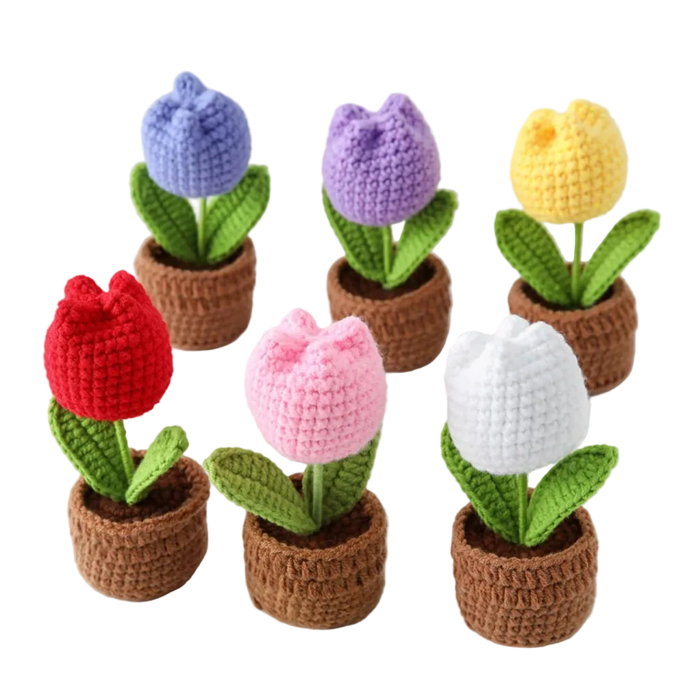 Hemasa Mini Tulips Crochet Flowers Potted Cute Knitting Flowers /Table Car Decor Handmade Artificial Tulips