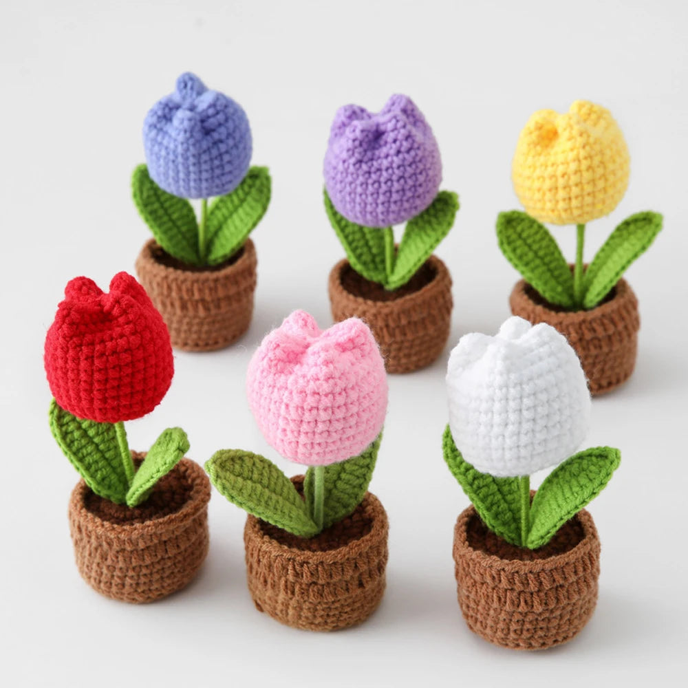 Hemasa Mini Tulips Crochet Flowers Potted Cute Knitting Flowers /Table Car Decor Handmade Artificial Tulips