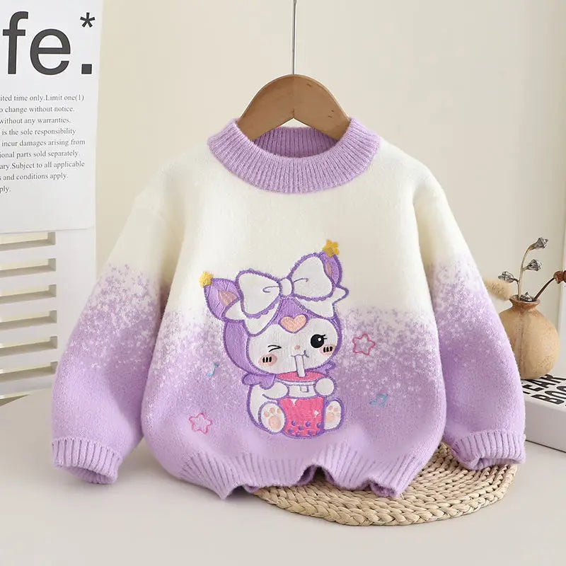 Girls Trend Sweater 2024 New Autumn and Winter Outfit Knit Pullover Sweater Girls Cartoon Kuromi Tops Children Casual Base Shirt